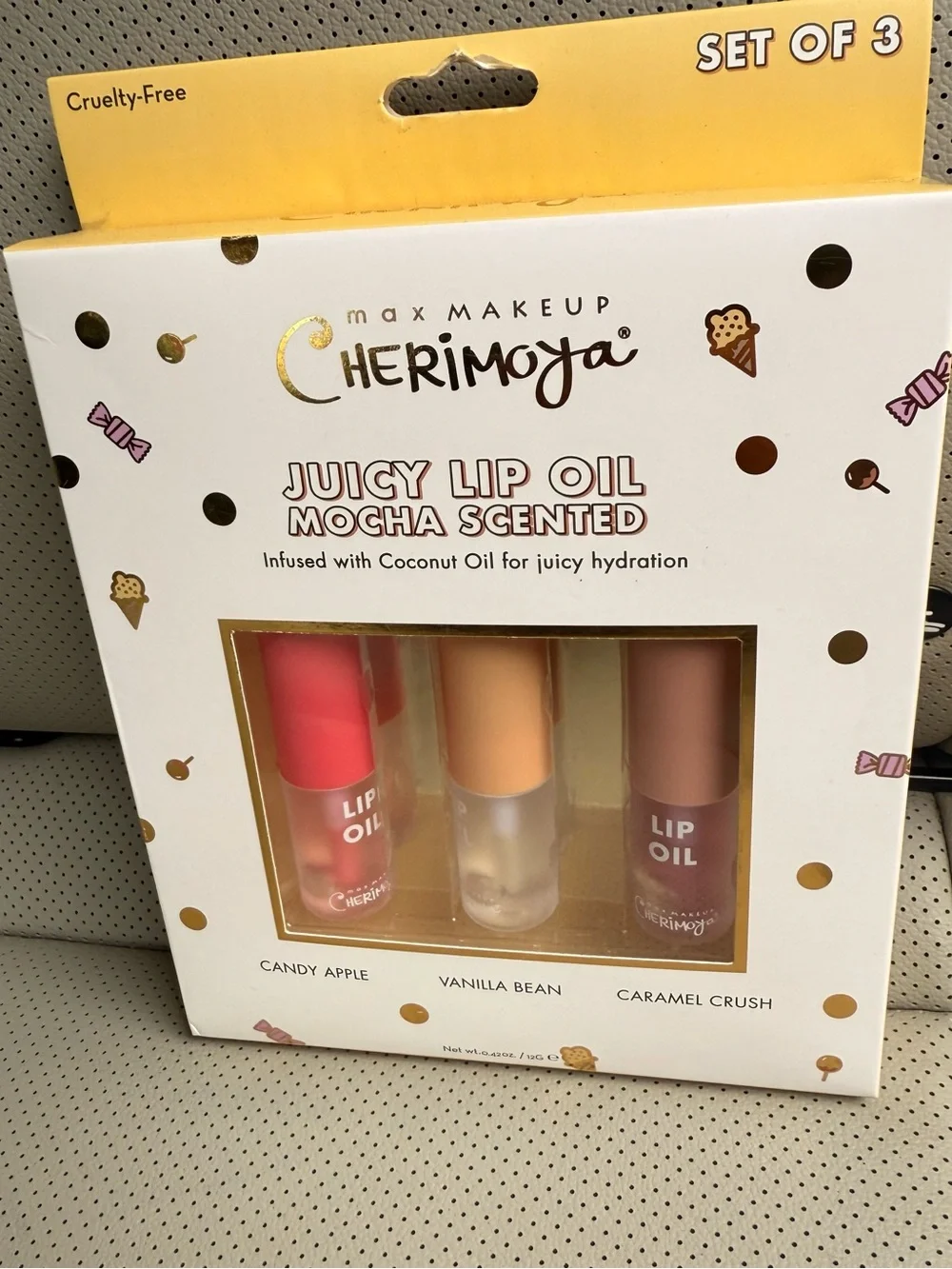 Cherimoya Juicy Lip Oil Trio – Candy Apple, Vanilla Bean & Caramel Crush